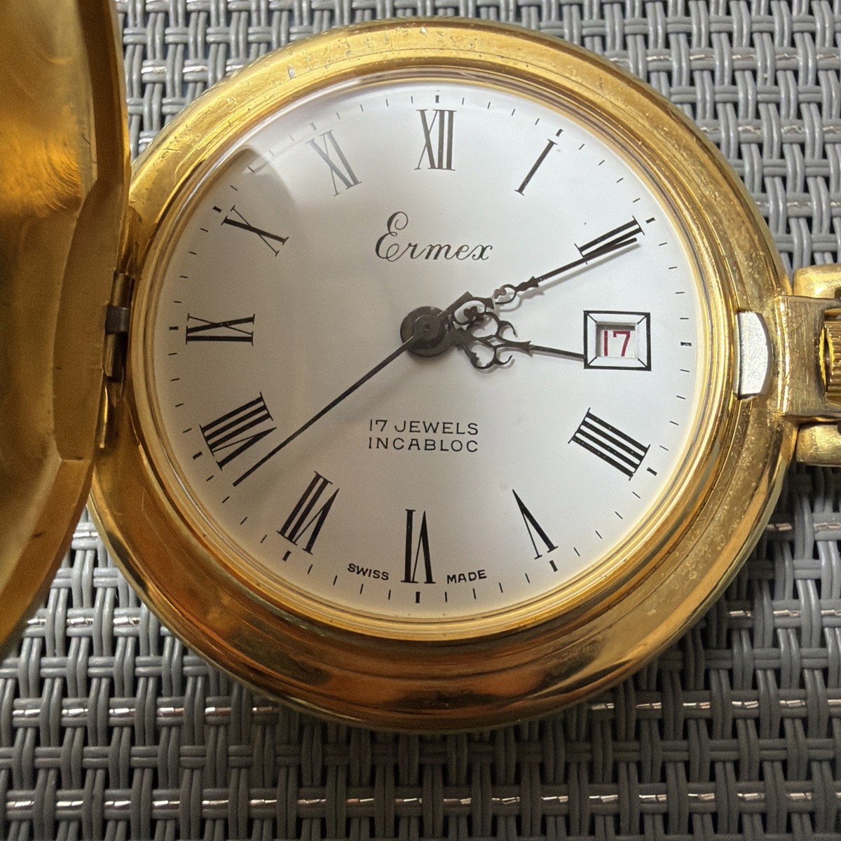 Rare Uncommon Vintage Ermex Pocket Watch, 17 Jewels Incabloc Swiss