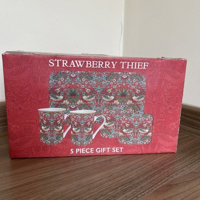 William Morris - Strawberry Thief - 5-teiliges Geschenkset 2 x Tassen Untersetzer & Tablett