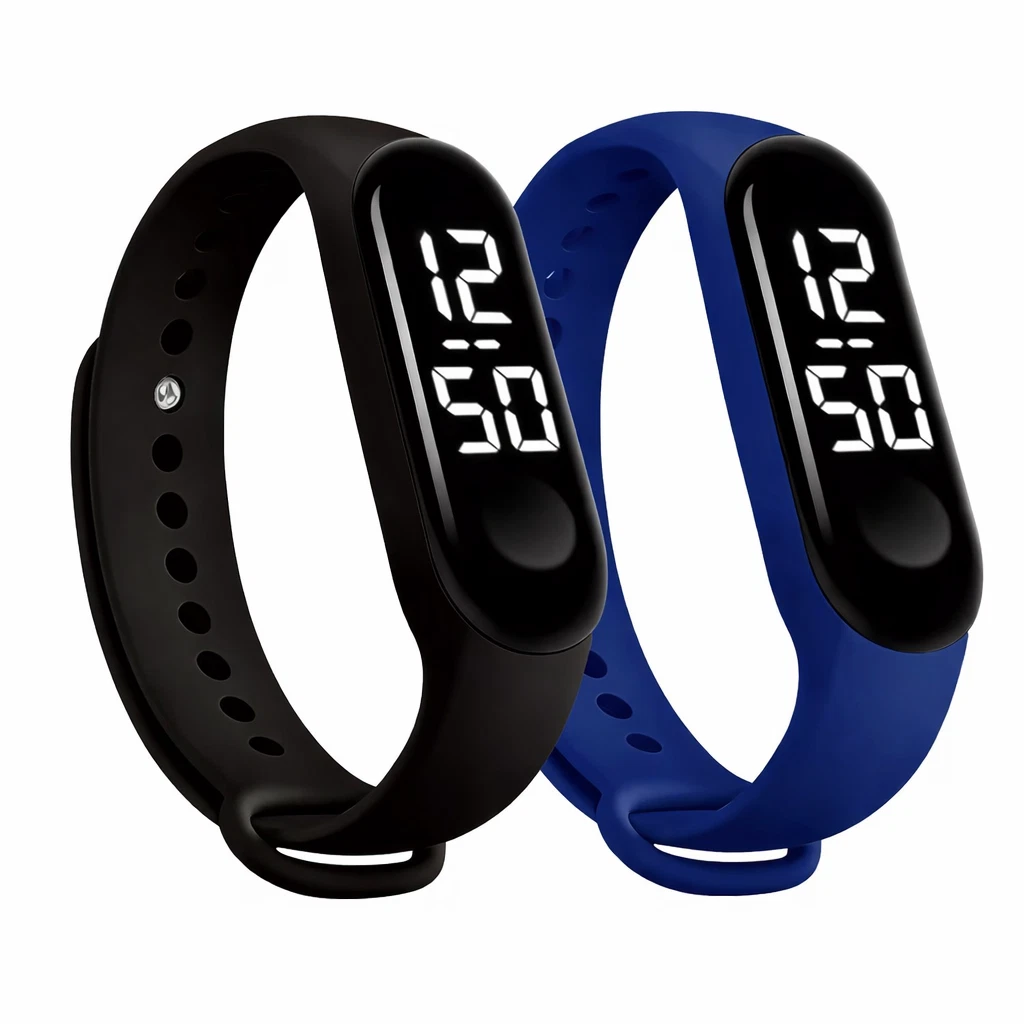 Black and navy LED touch watches side by side