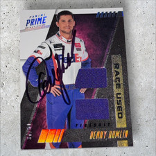 Denny Hamlin FEDEX signed 2019 PANINI PRIME RACE USED DUAL FIRESUIT card #37/50