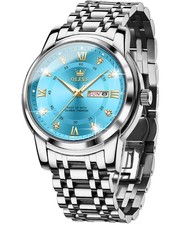 OLEVS Men Blue Quartz Watch Stainless Steel Waterproof Luminous Date Luxury