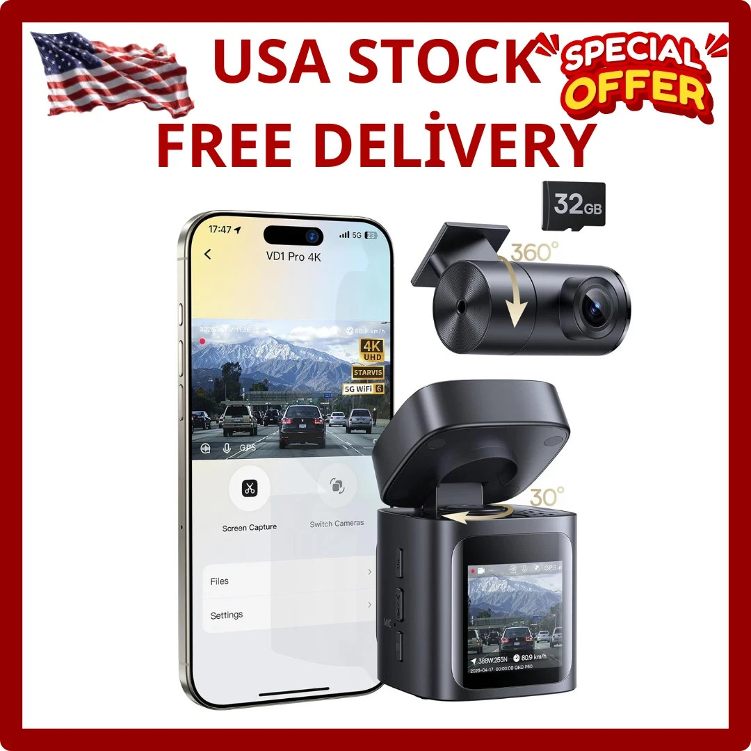 Baseus VD1 Pro Solar Dash Cam Front and Rear, 4K+1080P Dash Camer