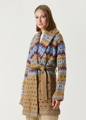 Polo RALPH LAUREN Wolle Jacquard-Strick Gürtel Schalkragen Cardigan Azteken Gr. L