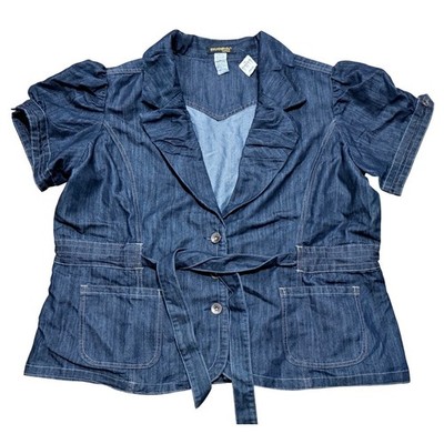 ROOMMATES Denim Jean Jacket Blazer Puff Sleeve Belted Womens Plus Size 3X NEW