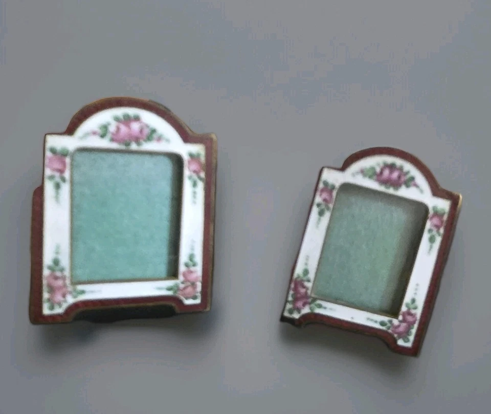 PAR Marco de Fotos Antiguo Micro CHECO Rosa Cloisonné Esmalte Gullioche Victoriano Foto 2 de 4
