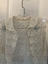 Women s Lace Jacket Collar Bolero OFF WHITE Short Sleeves Button Front Floral