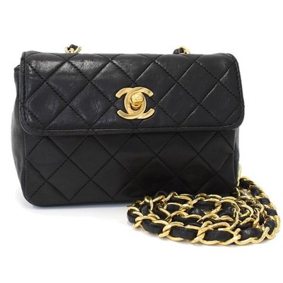 Chanel Mini Flap Bag Black Lambskin Gold Chain GHW Vintage Authentic