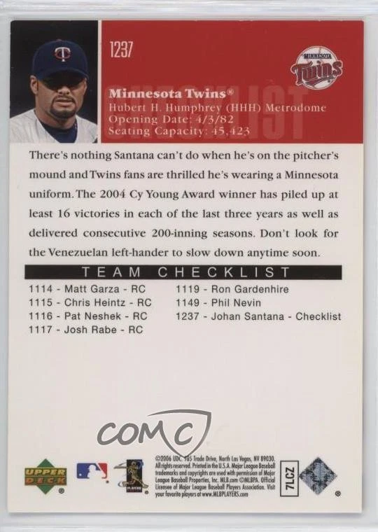 2006 Upper Deck Checklist Gold /99 Johan Santana #1237 - Image 2 of 2