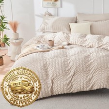 HYMOKEGE Beige Duvet Cover Queen Size 3-Piece Seersucker 90"x90" 2 Pillowshams
