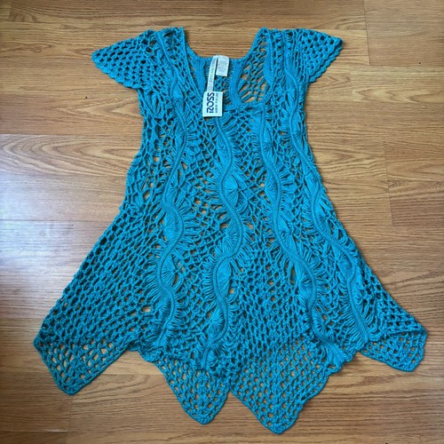 Y2k Crochet Mini Dress Bikini Cover Up Coral Blue Sz Large Boho