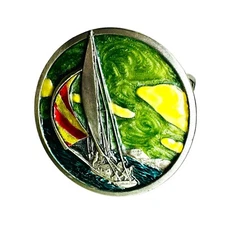 Bergamot Brass Works Vtg 1977 Sailboat Ship Yacht Metal Enamel Belt Buckle USA