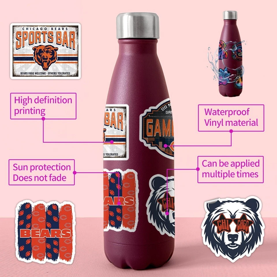 50 pezzi adesivi in vinile impermeabili Chicago Bears NFL calcio telefono bagagli laptop - Immagine 4 di 4