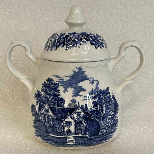 J & G Meakin Creamer & Sugar With Lid England Blue~White Ironstone Romantic Eng - Picture 4 of 16