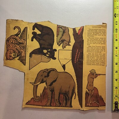 1930 s Hunter, Bear, Elephant, Alligator Post Toasties Cereal Box Panel Cutouts