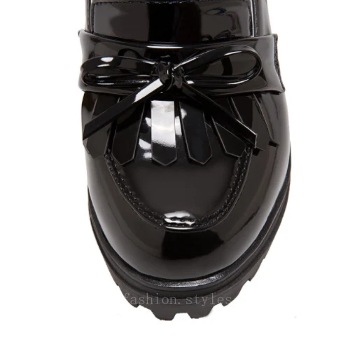Женщин лакированная кожа без шнуровки на танкетке каблуки платформе туфли вечеринки мокасины бант насосы - Изображение 3 из 4
