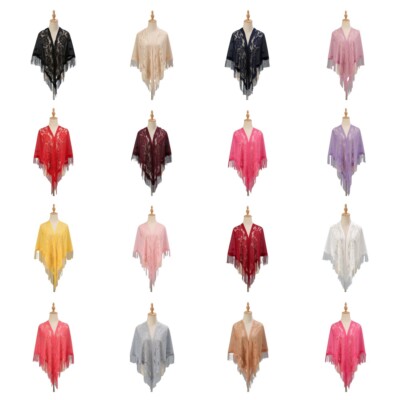 Women Lace Hollow Triangular Tassel Scarf Flower Embroidery Neck Long Wrap Shawl
