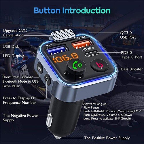 Car Wireless Bluetooth 5.0 FM Transmitter Adapter Type-C PD 20W Fast USB Charger - Picture 10 of 11