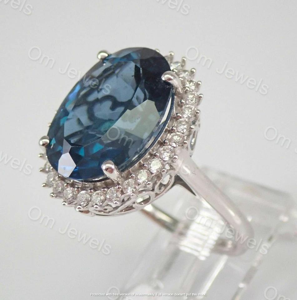 4Ct Oval Cut London Blue Topaz Diamond Halo Engagement Ring 14K White Gold Over - Image 4 of 4