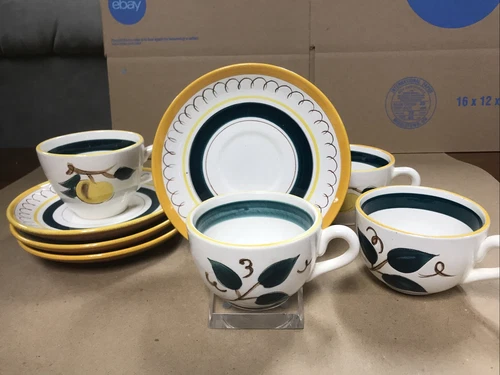 STANGL Pottery FRUIT Leaves Yellow Trim - Set of 4 CUPS & SAUCERS