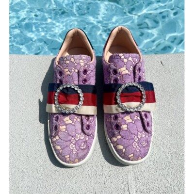 GUCCI New Ace Pink Floral Print Slip-On Low Top Sneakers Size IT36