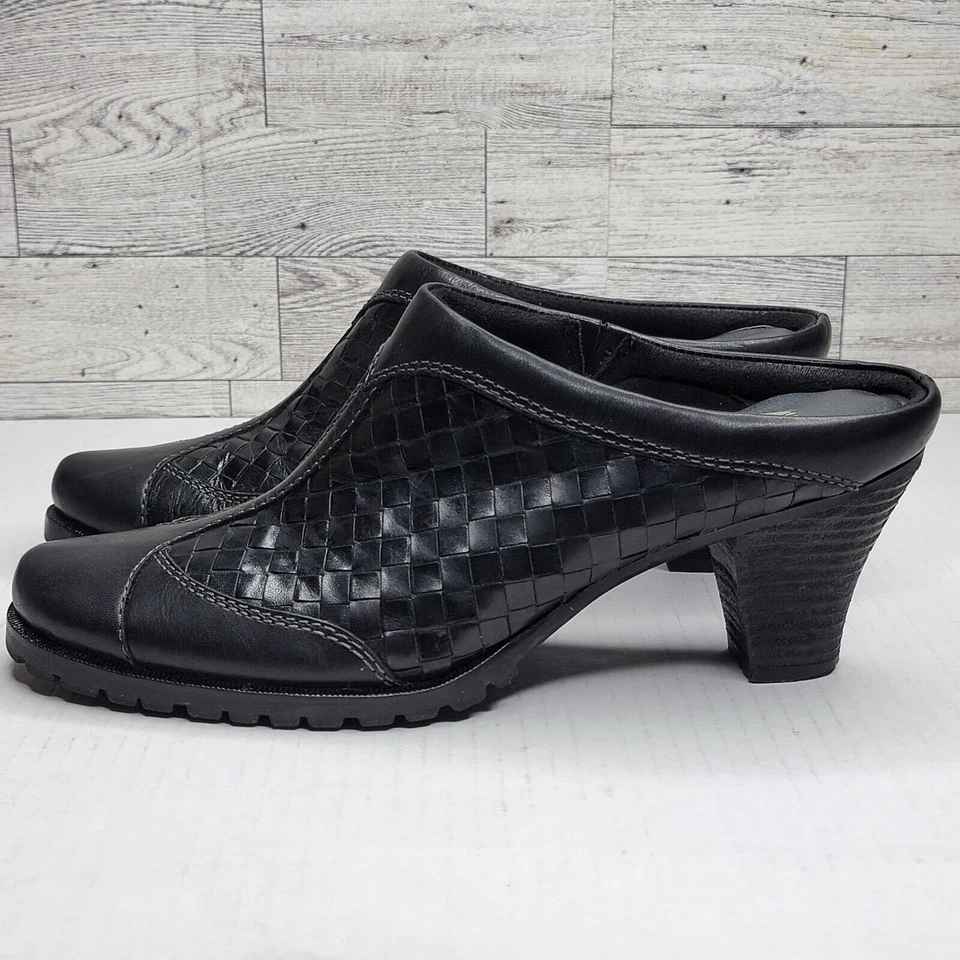 Soft Walk Woven Black Leather Mule 9N Low Heel Rubber Sole Comfort Boho Office - Image 3 of 4