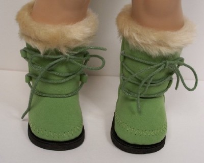 Olive Green Eskimo Faux Suede Fur Boots Doll Shoes For 18'' American Girl (Debs)
