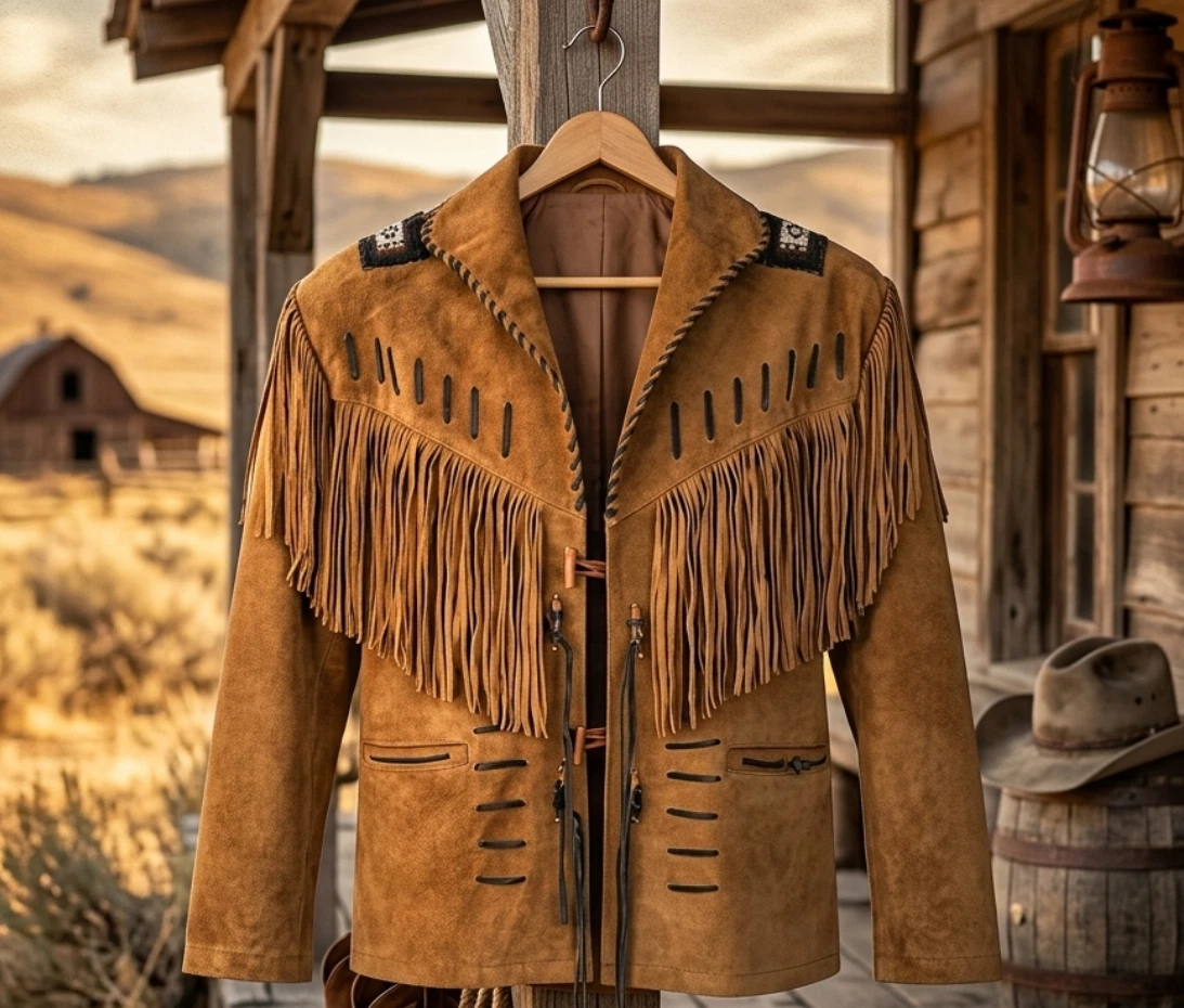 Men's Western Cowboy Suede Leather Jacket Native American Fringe Beaded Tan Brow