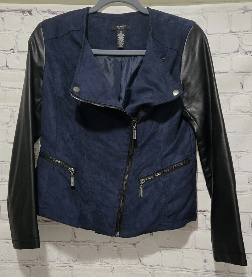 Alfani Womens Petite Mixed Media Faux Suede Pleather Jacket Size PP Navy & Black - Image 2 of 4