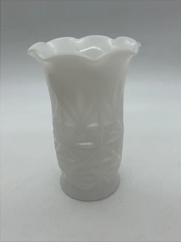 Vintage Hazel Atlas Milk Glass Vase Starburst Prescut Ruffle Geometric White