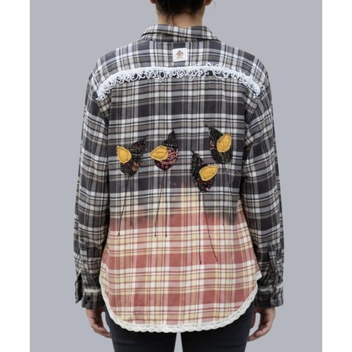 BLEACHED Plaid Flannel Shirt Lace Fringe Bird Applique Patchwork – Size XL/1X