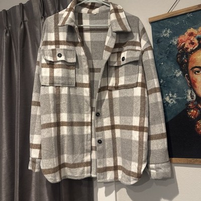 Women's Plaid Button Jacket Gray Brown White Collared Pockets Size L