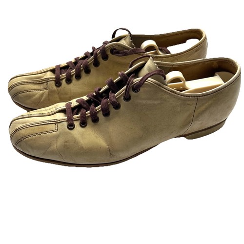 Vintage 1940s Men’s Leather Bowling Shoes Cream Brown Split Toe 9.5 10 See Photo