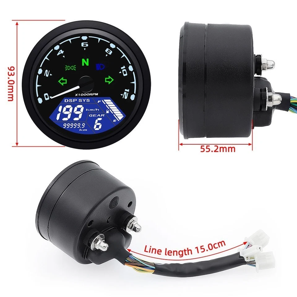 LCD Digital Gauge Motorcycle Speedometer Tachometer Odometer MPH KM/H Universal - Image 3 of 4