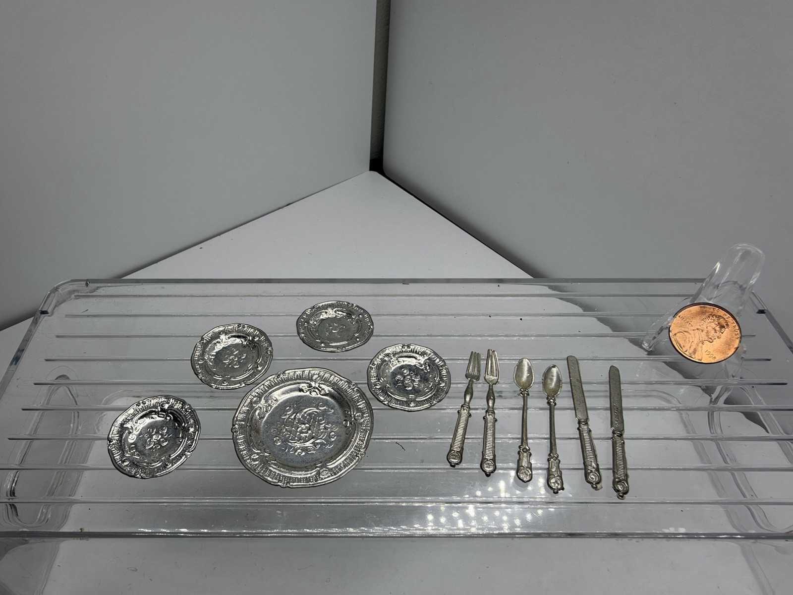 Vintage Marked Germany Dollhouse Metal Tablewear Pieces 1:12 (11 pc)