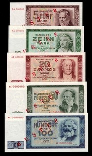 Germany DDR 1964 Full Set Specimen/Muster 5 10 20 50 & 100 Mark