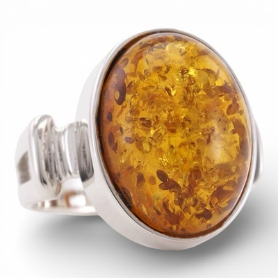 DELICIOUS 925 Sterling Silver Bezel Set Oval Cabochon Natural Baltic Amber Ring