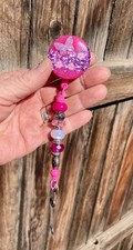 Handmade Pink Glitter Butterfly Badge Reel, Beaded Retractable ID Holder