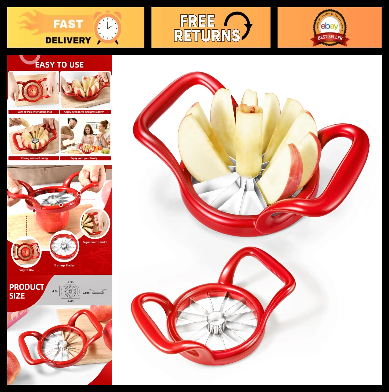 Extra Large 5.5" Apple Slicer & Corer - 12-Slice Cutter for Fruits & Veggies, Ea
Opens in a new wind