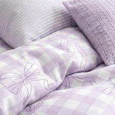 Light Purple Bow Gingham Duvet Cover Set Queen Size, 3 Pieces Coquette Preppy