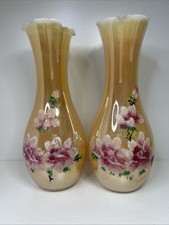 Vintage Retro Marigold Orange Iridescent Glass Vases Set Hand Painted Flowers