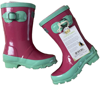 Hatley ( 8 ) Kids Pink Green Rubber Shiny Rain Boots Pull Tabs Waterproof Buckle
