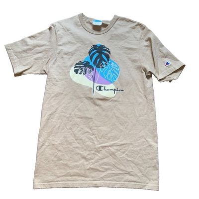#ad Vtg Y2K Champion T Shirt Men L Tan Khaki Retro Spellout Script Palm Leaf Logo $18.88