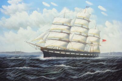 24x36 Barque Sailing Ship Ocean Cloudy Blue Sky Oil Painting Classic Boat