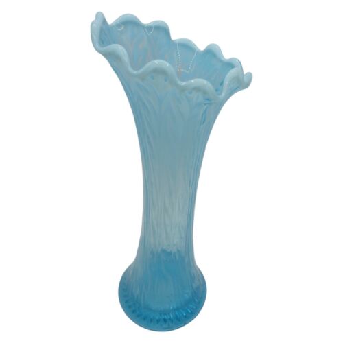 Vintage Antique Blue Opalescent Ruffled Edge Swung Vase 11" - Picture 4 of 14