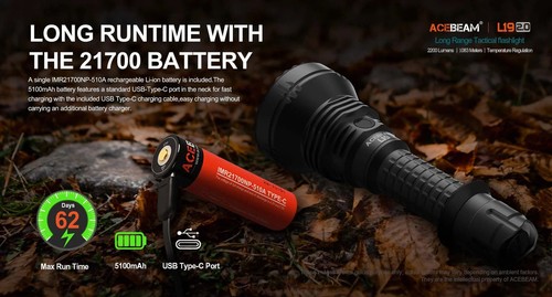 Acebeam L19 2.0 2200 Lumen Green LED Long Range Flashlight 1 x 21700 USB-C Recha - Picture 4 of 4