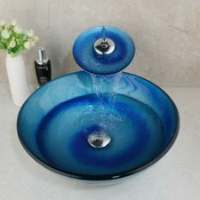 US Blue Round Glass Spiral Painting Basin Vessel Sink Waterfall Faucet Drain Set