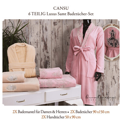 Cansu Samt Badetücher-Set 2x Bademantel 2x Badetuch 2x Handtuch Crem Cappuccino
