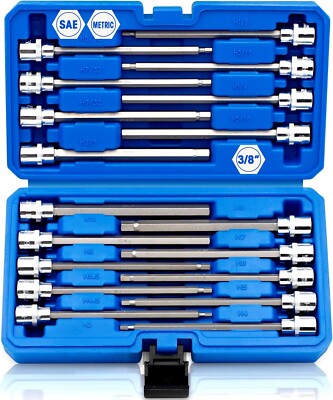 18-Piece 3/8 Inch Drive Extra Long Allen Hex Bit Socket Set, SAE &