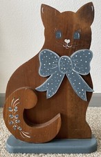 Vintage Wooden Cat Standing Large Figure Home Decor Hand Painted Brown Blue