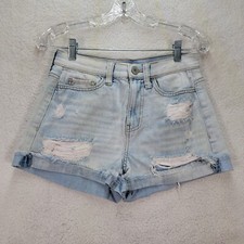 SO Women Shorts Size 26 Blue Denim Stretch Distress High Rise Cuffed Relaxed Mom